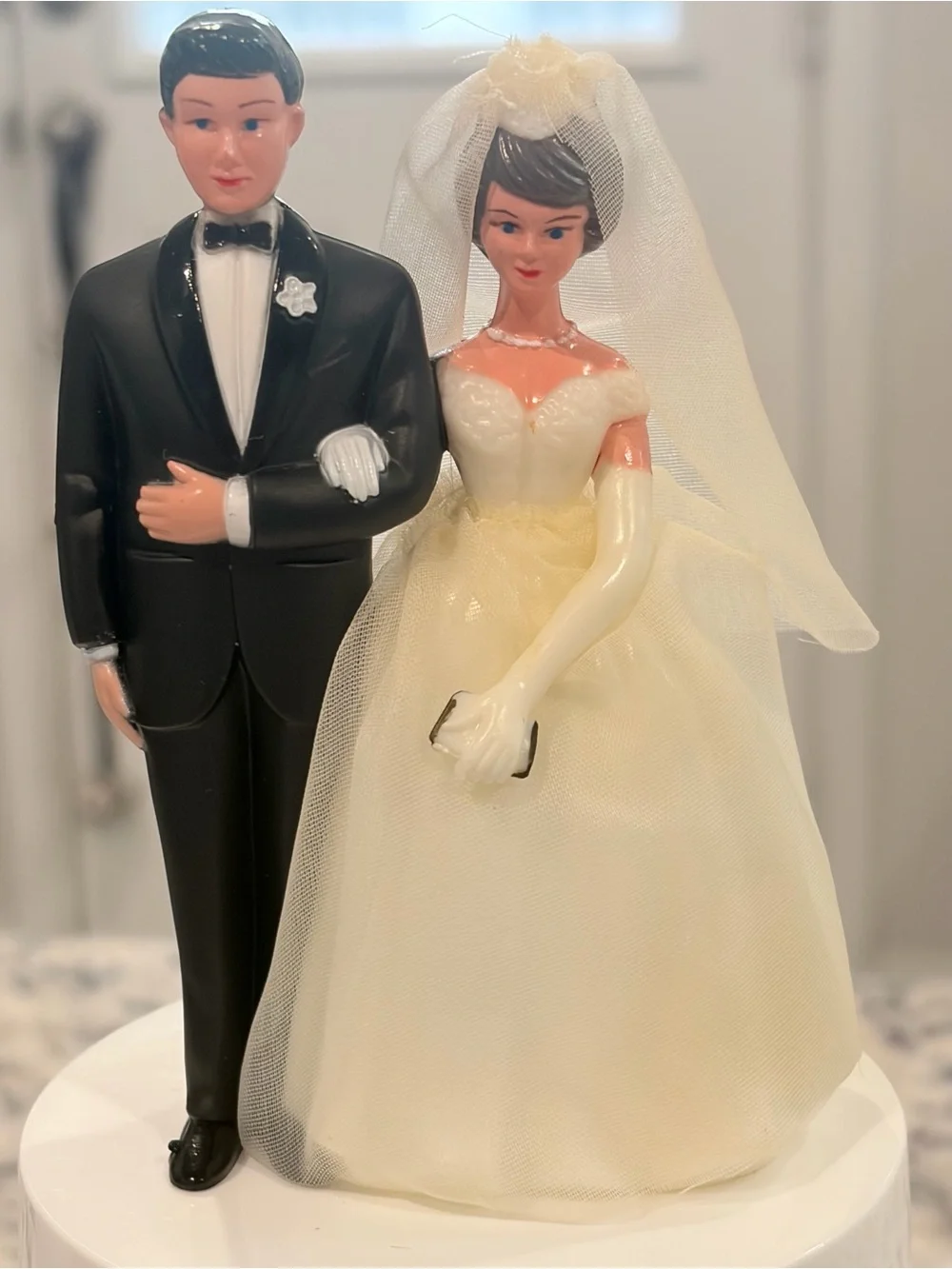 Vintage Wilton Bride & Groom Wedding Cake Topper Veil Plastic White Black 1988